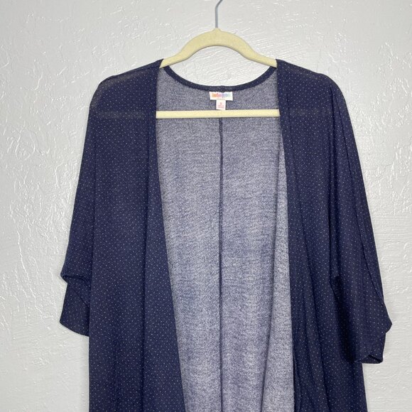 Lularoe Women S Lindsay Kimono Cardigan Navy Blue Yellow Polka Dot Knit Stretch - Picture 3 of 9